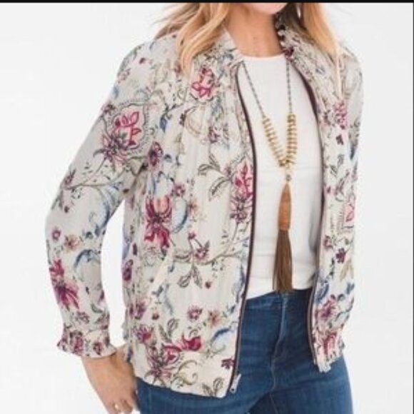 CHICO'S Floral Bomber Jacket XL (Chicos 3) Cream Red Reversible Zip Front Satin - Picture 1 of 15